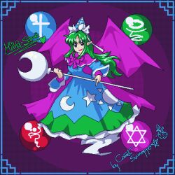 Rule 34 | 1girl, artist name, bow, breasts, capelet, character name, comet summoner98, crescent, cross, dress, ghost tail, green eyes, green hair, hair bow, hat, hexagram, highres, holding, holding staff, long hair, long sleeves, mage staff, mima (touhou), pixel art, purple bow, purple wings, ribbon, skirt, smile, solo, staff, star (symbol), sun symbol, touhou, touhou (pc-98), wings, witch hat, wizard hat