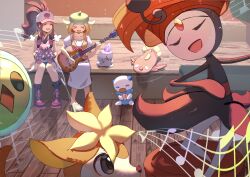 2girls baseball_cap bianca_(pokemon) bird black_vest blonde_hair blush breasts brown_hair candle closed_eyes closed_mouth cutoffs deer deerling deerling_(winter) denim denim_shorts fire fish gen_5_pokemon green_hat guitar hat high_ponytail highres hilda_(pokemon) holding holding_guitar holding_instrument instrument legendary_pokemon litwick long_hair meloetta meloetta_(aria) multiple_girls music mythical_pokemon nintendo open_clothes open_mouth open_vest orange_vest oshawott playing_guitar playing_instrument pokemon pokemon_(creature) pokemon_bw ponytail shirt short_hair short_shorts shorts sidelocks skirt smile solosis stunfisk vest vullaby vulture white_shirt white_skirt wildou_p