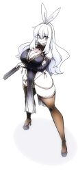 1girl absurdres arms_under_breasts bare_shoulders black_dress black_shoes black_sleeves breasts brown_thighhighs cleavage cleavage_cutout clothing_cutout commentary_request crossed_arms detached_sleeves dress embroidered_dress folding_fan grey_eyes hair_between_eyes hair_ribbon hairband hand_fan high_heels highleg highleg_dress highres holding holding_fan korean_commentary lace lace-trimmed_dress lace-trimmed_sleeves lace-trimmed_thighhighs lace_trim lazy_ant legs_apart long_bangs long_hair looking_at_viewer original panties pelvic_curtain ribbon shoes side-tie_panties side_slit sidelocks simple_background solo thick_thighs thighhighs thighs underwear very_long_hair white_background white_hair white_hairband white_ribbon