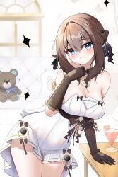 1girl absurdres arm_support bare_shoulders black_choker black_gloves blue_eyes breasts brown_hair choker cleavage dress gloves head_tilt highres knosdeba large_breasts looking_at_viewer short_dress short_hair sidelocks solo strapless strapless_dress strinova stuffed_animal stuffed_toy teddy_bear thighs white_dress yvette_(strinova)