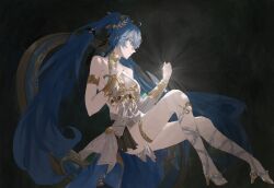 1girl absurdres ancient_greek_clothes armlet bare_shoulders black_skirt blue_eyes blue_hair breasts commentary from_side full_body greco-roman_clothes hand_up head_wreath high_heel_sandals high_heels highres iuno_(wuthering_waves) jewelry liro long_hair medium_breasts open-toe_shoes parted_lips profile sandals showgirl_skirt skirt solo thighlet thighs toes twintails very_long_hair wuthering_waves