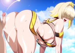 1boy 1girl ahoge ass back bare_shoulders blonde_hair blue_sky blush breasts censored cloud cloudy_sky cum cum_in_pussy day ejaculation elegg_(boom_and_shock)_(nikke) elegg_(nikke) goddess_of_victory:_nikke hair_intakes hara_(harayutaka) highres large_breasts median_furrow medium_hair mosaic_censoring multicolored_hair one-piece_swimsuit open_mouth outdoors penis sky smile solo_focus swimsuit thighs two-tone_hair yellow_one-piece_swimsuit