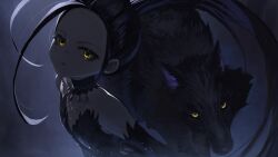 1girl absurdres black_dress black_gloves black_hair child commission dress elbow_gloves figure_skating_dress gloves gomashiwo_o highres kamisaki_hikaru long_hair looking_at_viewer medalist_(manga) pixiv_commission solo wolf yellow_eyes