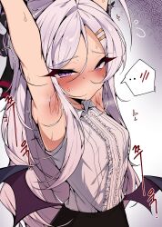 absurdres ahoge arm_up armpit_focus armpits black_skirt blue_archive blush breasts demon_girl demon_horns demon_wings embarrassed highres hina_(blue_archive) horns kkry99 long_hair looking_at_viewer nose_blush presenting_armpit purple_eyes shirt simple_background skirt small_breasts sweat white_hair white_shirt wings