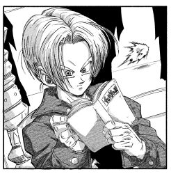 Rule 34 | 2boys, book, cropped jacket, dragon ball, dragonball z, earphones, fenyon, highres, holding, holding book, hyperbolic time chamber, male focus, multiple boys, reading, shirt, short hair, solo, super saiyan, torn clothes, torn shirt, trunks (dragon ball), trunks (future) (dragon ball), upper body, vegeta