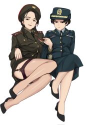 Rule 34 | 2girls, black necktie, black shoes, brown hat, brown jacket, brown skirt, commentary request, female service cap, green hat, green jacket, green skirt, hat, high heels, highres, jacket, korean people&#039;s army, legs, long sleeves, looking at viewer, military dress uniform, military uniform, multiple girls, name tag, necktie, north korea, original, republic of korea army, ribbon bar, shoes, shoulder boards, simple background, sitting, skirt, south korea, thighs, wani (perfect han), white background