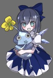 1girl black_eyes blue_bow blue_dress blue_eyes blue_skin bow cirno collared_shirt colored_skin commentary_request crossover dress eyelashes fairy fairy_wings flower grey_background grey_hair hair_bow hand_on_own_face ice ice_pikmin ice_wings light_blush nintendo no_mouth open_mouth pikmin_(creature) pikmin_(series) puffy_short_sleeves puffy_sleeves shirt short_hair short_sleeves sleeveless sleeveless_dress smile tepes017rotten touhou triangle_print white_shirt white_trim wings yellow_flower