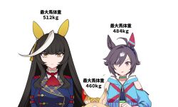 3girls ahoge alternate_height animal_ears ascot asymmetrical_bangs believe_(umamusume) black_hair blunt_bangs brown_hair buttons calstone_light_o_(umamusume) choker clothing_cutout commentary double-breasted durandal_(umamusume) ear_covers ear_ornament earrings flying_sweatdrops fukuro_(maruaru00) green_choker hair_over_one_eye height_difference highres hood hooded_jacket horse_ears horse_girl jacket jewelry long_hair looking_at_viewer multiple_girls pink_eyes red_ascot short_hair shoulder_cutout sidelocks sideways_glance single_ear_cover single_earring suzu_head tassel translated umamusume upper_body weight white_background white_hair yellow_eyes