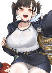 Rule 34 | 1girl, :d, asymmetrical bangs, belt, beret, black belt, black bra, black choker, black hair, black hat, black jacket, black skirt, blunt bangs, bra, bra visible through clothes, breasts, choker, collarbone, commentary, doro (nikke), fang, goddess of victory: nikke, hat, highres, id card, jacket, large breasts, long hair, long sleeves, looking at viewer, miniskirt, open clothes, open mouth, panties, panties under pantyhose, pantyhose, pantyshot, pencil skirt, rapi (nikke), rapi (red hood) (nikke), red eyes, red hair, shirt, simple background, skirt, smile, sora (nikke), teeth, thigh biting, twintails, underwear, upper teeth only, white background, white panties, white pantyhose, white shirt, wireless earphones, yougenko