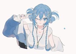 1girl :3 blue_eyes blue_hair blue_nails braided_sidelocks breasts collarbone commentary_request cropped_torso hair_between_eyes hair_ornament hand_up hatsune_miku jacket jewelry large_breasts long_hair looking_at_viewer mo_chi_ro nail_polish off_shoulder one_eye_closed open_clothes open_jacket pendant shirt short_sleeves sidelocks simple_background solo star_(symbol) star_hair_ornament v vocaloid white_background white_shirt x_hair_ornament
