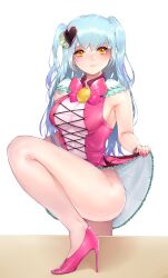 1girl absurdres armpits bare_arms blue_hair bow bowtie breasts commentary_request hair_ornament heart heart_hair_ornament high_heels highres large_breasts leg_up lobotomy_corporation long_hair long_sleeves looking_at_viewer lubban pink_bow pink_bowtie pink_shoes project_moon queen_of_hatred shoes sidelocks simple_background solo thighs two_side_up white_background wrist_cuffs yellow_eyes