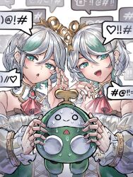 2girls :&gt; braid cecilia_immergreen cecilia_immergreen_(1st_costume) censored censored_text clone collar commentary corset detached_collar detached_sleeves doll doll_joints english_commentary frilled_sleeves frills green_corset green_eyes green_hair grey_hair hair_ornament hand_on_another&#039;s_face hand_up highres hololive hololive_english joints laznia looking_at_viewer mascot medium_hair multicolored_hair multiple_girls neckerchief nervous_sweating o_o open_mouth otomo_(cecilia_immergreen) puffy_sleeves red_neckerchief side_braid single_braid smile speech_bubble strapless_romper streaked_hair sweat talking teeth two-tone_hair upper_body upper_teeth_only virtual_youtuber white_collar white_romper white_sleeves winding_key