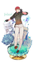 1boy aqua_flower axis_powers_hetalia belt black_belt black_gloves black_necktie black_shoes blue_butterfly blush breast_pocket bug bush butterfly castle character_name closed_mouth cloud clover collared_shirt commentary_request dress european_architecture fairy fairy_wings flower four-leaf_clover full_body gloves grass green_shirt hands_up himaruya_hidekazu holding holding_flower insect ireland_(hetalia) long_sleeves looking_at_another looking_at_viewer male_focus necktie official_art open_mouth pants pocket red_hair shirt shoes short_hair simple_background smile standing teeth tree white_background white_pants wings yellow_eyes