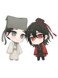 2boys bandaged_chest benkebuhui black_hair black_hanfu black_shoes blush chibi chibi_only chinese_clothes chinese_commentary closed_mouth coat dao_gui_yi_xian full_body grey_eyes grey_hat grey_shoes hair_between_eyes hair_bun hair_ribbon half_updo hanfu hat hat_ribbon highres jin_(headwear) li_huowang long_hair long_sleeves looking_at_viewer male_focus multiple_boys open_clothes open_coat pants red_coat red_eyes red_ribbon ribbon robe sash shoes simple_background single_hair_bun sleeves_past_fingers sleeves_past_wrists smile standing updo white_background white_coat white_hanfu wide_sleeves yaoi zhouzi_jin_(headwear) zhuge_yuan