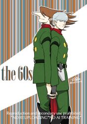 2boys albert_heinrich big_nose black_boots boots coat cyborg_009 dragon-inn green_coat green_pants grey_hair hair_over_one_eye highres interlocked_fingers jet_link light_smile long_hair looking_at_viewer male_focus mechanical_hands multiple_boys orange_hair pants red_scarf scarf short_hair