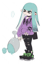 ... 1girl androgynous belt_collar black_shoes blue_eyes blue_hair blunt_bangs blunt_ends collar commentary_request coula_cat earrings eyebrows_hidden_by_hair gun high_tops highres holding holding_gun holding_weapon hood hoodie inkling_player_character jewelry lace-up_sleeves leggings long_hair long_sidelocks luna_blaster_(splatoon) metal_band_text multiple_earrings multiple_rings nintendo punk purple_hoodie ring shoes sidelocks simple_background sneakers solo speech_bubble splatoon_(series) spoken_ellipsis tentacle_hair torn_clothes torn_leggings weapon white_background