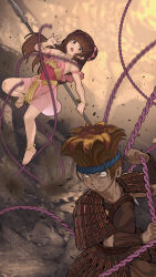 2boys absurdres armor armpit_crease armpits bare_arms bare_legs bare_shoulders barefoot black_hair breastplate feet hairband highres japanese_armor long_hair looking_at_viewer multiple_boys no_shoes original polearm rope shoulder_armor spear trap weapon yewang19