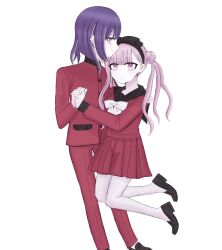 1boy 1girl black_bow black_hairband black_headband black_shoes bow brother_and_sister closed_mouth full_body hair_bow hairband headband holding_hands long_hair looking_at_viewer pants pantyhose pink_eyes pink_hair plated_skirt purple_hair red_pants red_shirt red_skirt shirt shoes siblings simple_background skirt smile standing the_hundred_line_-last_defense_academy- tsukumo_ima tsukumo_kako twins twintails white_background white_bow white_pantyhose