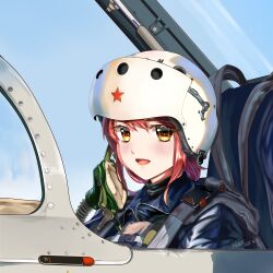 1girl absurdres aircraft airplane chengdu_j-7 close-up fighter_jet flight_suit g-suit helmet highres hunk03 looking_at_viewer mask military_vehicle open_cockpit oxygen_mask people&#039;s_liberation_army people&#039;s_liberation_army_air_force pilot pilot_helmet pilot_suit red_hair red_star sidelocks solo star_(symbol) unworn_mask upper_body war_thunder yellow_eyes