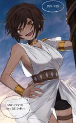 1girl ancient_greek_clothes armlet belt black_shorts bracelet breasts brown_eyes brown_hair call_of_duty choker cowgirl_position dark-skinned_female dark_skin greco-roman_clothes highres jewelry large_breasts limbus_company looking_at_viewer open_mouth outis_(project_moon) project_moon shorts smile solo straddling thigh_strap yippee
