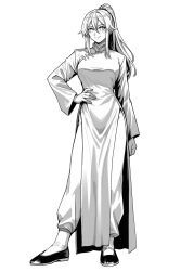 1girl absurdres bad_tag china_dress chinese_clothes dress greyscale hand_on_own_hip highres kokoro_no_koibito kung_fu looking_at_viewer martial_arts monochrome original ponytail self-upload smile standing white_background