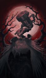 bare_tree bird closed_eyes closed_mouth commentary corviknight death english_commentary full_moon gen_8_pokemon hammer holding holding_hammer horror_(theme) kowanp moon night nintendo open_mouth outdoors pokemon pokemon_(creature) pokemon_focus red_sky signature sky tinkaton tree