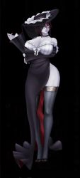 1girl 3d action_taimanin alternate_costume alternate_skin_color breasts curvy dress full_body halloween_costume hat highres huge_breasts lilith-soft lips looking_at_viewer mizuki_shiranui official_alternate_costume screencap simple_background smile standing taimanin_(series) taimanin_yukikaze