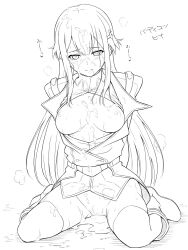 breasts breasts_out buddy_complex buddy_complex:_coupling_in_battlefield cum cum_in_pussy cum_on_body cum_on_breasts cum_on_clothes cum_on_legs cum_on_upper_body cum_pool facial highres kiikii_(kitsukedokoro) long_hair monochrome yumihara_hina