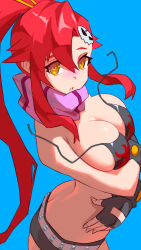 1girl absurdres belt bikini bikini_top_only blue_background bracelet breasts cleavage fingerless_gloves flame_print gloves hair_ornament hair_stick highres jewelry large_breasts long_hair looking_at_viewer no_shirt ponytail red_hair scarf short_shorts shorts skull_hair_ornament solo striped_clothes striped_scarf studded_belt studded_bracelet swimsuit tengen_toppa_gurren_lagann untied_bikini untied_bikini_top ura_dora wardrobe_malfunction yellow_eyes yoko_littner