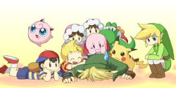 1girl 5boys black_hair blonde_hair blue_eyes child creatures_(company) game_freak gen_1_pokemon hanjuku_tomato hat hood ice_climber jigglypuff kirby kirby_(series) link lucas_(mother_3) mario_(series) mother_(series) mother_2 mother_3 multiple_boys nana_(ice_climber) ness_(mother_2) nintendo pikachu pointy_ears pokemon pokemon_(creature) popo_(ice_climber) smile super_smash_bros. the_legend_of_zelda the_legend_of_zelda:_the_wind_waker the_legend_of_zelda:_twilight_princess toon_link yoshi