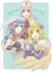 Rule 34 | 3girls, acolyte (ragnarok online), alchemist (ragnarok online), armor, assassin (ragnarok online), blue hair, bow, breasts, brown cape, brown gloves, cape, capelet, closed mouth, commentary request, copyright name, cross, elbow gloves, feathered wings, fingerless gloves, flask, fur collar, gloves, green eyes, green hair, grey hair, hair bow, hat, head wings, long hair, looking at viewer, medium breasts, minamikaze natsu, multiple girls, nurse cap, open mouth, pauldrons, pinwheel hair ornament, potion, purple eyes, purple gloves, ragnarok online, red bow, round-bottom flask, short hair, shoulder armor, smile, upper body, white capelet, white hat, white wings, wings, yellow eyes