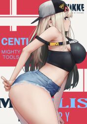 1girl absurdres ass bare_shoulders black_shirt black_tank_top blonde_hair blue_eyes blush breasts centi_(nikke) centi_(supreme_holiday)_(nikke) character_name curvy denim denim_shorts gloomyowl goddess_of_victory:_nikke hat highres large_breasts long_hair looking_at_viewer midriff off_shoulder pants shirt short_shorts shorts solo standing tank_top thick_thighs thighs tight_clothes tight_pants