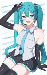 1girl :d aqua_eyes aqua_hair bare_shoulders black_gloves black_skirt black_thighhighs blue_necktie blush breasts collarbone commentary_request commission elbow_gloves gloves grey_shirt hatsune_miku headset highres long_hair looking_at_viewer necktie open_mouth shirt skeb_commission skirt smile solo surippa1010 teeth thighhighs thighs twintails twitter_username upper_teeth_only v vocaloid zettai_ryouiki