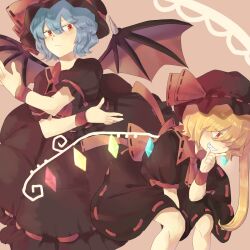 Rule 34 | 2girls, :&lt;, alternate color, ascot, back bow, bat wings, bent over, black dress, black hat, black shirt, blue hair, bow, collar, crystal wings, dress, feet out of frame, flandre scarlet, glowing, glowing wings, grin, hat, hat ribbon, heasil, highres, knees, mob cap, multicolored wings, multiple girls, orange background, puffy short sleeves, puffy sleeves, red ascot, red bow, red collar, red eyes, red ribbon, remilia scarlet, ribbon, ribbon-trimmed collar, ribbon-trimmed skirt, ribbon trim, sharp teeth, shirt, short sleeves, smile, teeth, thinking, touhou, wings