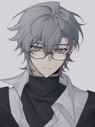 1boy black-framed_eyewear black_jacket black_sweater buttons caelus_(honkai:_star_rail) closed_mouth collared_shirt earclip glasses grey_hair hair_between_eyes highres honkai:_star_rail honkai_(series) jacket looking_at_viewer male_focus mays20621 orange_eyes shirt short_hair simple_background solo sweater trailblazer_(honkai:_star_rail) turtleneck turtleneck_sweater upper_body white_background white_shirt
