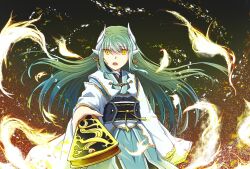1girl commentary_request cowboy_shot drag009 dragon_girl dragon_horns fate/grand_order fate_(series) folded_fan folding_fan foreshortening green_hair hand_fan highres horns japanese_clothes kiyohime_(fate) magic obi sash slit_pupils solo yellow_eyes