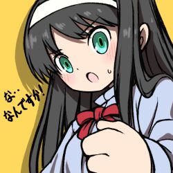 1girl aqua_eyes beeru_(veil8801) black_hair drop_shadow hairband long_hair open_mouth red_ribbon ribbon simple_background solo sweat tohno_akiha tsukihime upper_body v-shaped_eyebrows white_hairband yellow_background