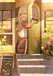 1girl :d ^_^ absurdres animal_ears animal_print apron back_bow baguette bakery belt_buckle blonde_hair bow bread bread_bun brown_hat brown_shoes buckle building cat_print ceiling_light chalkboard chocolate_chip_cookie closed_eyes collared_dress commentary_request cookie doorway double-parted_bangs dress flower food frilled_apron frilled_sleeves frills full_body green_ribbon hat hat_belt hi_hiiii highres knees_together_feet_apart light_blush light_particles long_hair long_sleeves mary_janes menu_board neck_ribbon open_door open_mouth open_sign opening_door orange_flower orange_tulip original pink_flower pink_tulip plant potted_plant puffy_long_sleeves puffy_sleeves red_dress red_socks ribbon scenery shoes shop sidelocks smile socks solo stairs standing storefront sunlight tulip white_apron white_bow wide_shot window yellow_flower