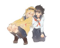 2girls black_hair black_headband blonde_hair blue_eyes blue_sailor_collar cardigan closed_eyes grin hand_on_own_chest hands_on_own_knees head_on_another&#039;s_shoulder headband highres jiguang_haibao kneeling koishikawa_iko long_hair long_skirt long_sleeves momijiyama_teru multiple_girls neckerchief parted_lips pleated_skirt red_neckerchief sailor_collar scar_across_eyebrow scar_on_face school_uniform semi-rimless_eyewear short_hair shy_(series) simple_background skirt smile sweatdrop white_background white_stripes yellow_cardigan yuri