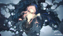 1girl absurdres arm_up bare_arms bare_shoulders black_dress black_skin black_veil blue_eyes blue_veil breasts chimera colored_skin dress from_above gradient_skin hand_up highres ice long_hair looking_at_viewer medium_breasts nautika_(reverse:1999) outstretched_arm parted_lips partially_submerged pink_hair plunging_neckline reverse:1999 ripples shuangbatian sleeveless sleeveless_dress solo two-tone_veil upper_body veil water watermark weibo_watermark