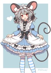 1girl :d alternate_costume animal_ear_fluff animal_ears black_bow black_bowtie black_ribbon bloomers blue_background blue_dress blush border bow bowtie commentary_request dress dress_bow feet_out_of_frame frilled_dress frilled_hairband frills grey_hair hair_ribbon hairband highres long_sleeves looking_at_viewer medium_hair mouse_ears mouse_tail nazrin open_mouth outside_border pantyhose red_eyes ribbon shitacemayo sleeve_ribbon smile solo standing striped_clothes striped_pantyhose tail touhou twitter_username underwear white_bloomers white_border