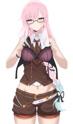1girl airani_iofifteen airani_iofifteen_(military_casual) bare_arms bare_shoulders belt blue_hair blush bra braid brown_necktie brown_shorts brown_vest buttons closed_mouth collared_shirt commentary commission cowboy_shot crescent crescent_earrings cropped_shirt cropped_vest double-breasted earrings english_commentary glasses gold_trim gradient_hair groin hair_over_shoulder holding holding_bra holding_underwear holding_unworn_clothes hololive hololive_indonesia jewelry long_hair long_sidelocks looking_at_viewer mas_ans midriff_peek multicolored_hair navel necktie no_headwear no_jacket official_alternate_costume official_alternate_hairstyle paint_splatter paint_splatter_on_face pink_hair purple_eyes second-party_source seductive_smile semi-rimless_eyewear shirt short_necktie short_shorts shorts side_braid sidelocks simple_background sleeveless sleeveless_shirt smile solo star_(symbol) star_in_eye straight-on swept_bangs symbol_in_eye transparent_background underwear unworn_bra very_long_hair vest virtual_youtuber white_belt white_shirt wristband
