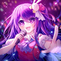 1girl :d blush breasts collared_shirt commentary_request dress emphasis_lines frilled_sleeves frills hair_between_eyes hair_ornament hair_ribbon highres holding holding_microphone hoshino_ai idol idol_clothes long_hair looking_at_viewer medium_breasts mibai_yume microphone multicolored_hair one_side_up open_mouth oshi_no_ko pink_dress pink_ribbon pointing pointing_at_viewer puffy_short_sleeves puffy_sleeves purple_eyes purple_hair rabbit_hair_ornament ribbon shirt short_sleeves smile solo star-shaped_pupils star_(symbol) star_hair_ornament streaked_hair symbol-shaped_pupils teeth upper_body upper_teeth_only white_ribbon