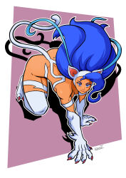 1girl animal_ears ass blue_eyes blue_hair breasts cat_ears cat_tail crawling darkstalkers felicia_(darkstalkers) kevintrentin lips long_hair tail very_long_hair
