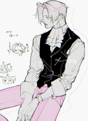 Rule 34 | 1boy, ace attorney, ascot, black vest, chibi, chibi inset, collared shirt, cowboy shot, dadadadadaist, hat, highres, jester cap, looking to the side, male focus, miles edgeworth, pants, parted bangs, pink pants, shirt, short hair, sitting, sleeves rolled up, vest, waistcoat, white ascot, white background, white shirt