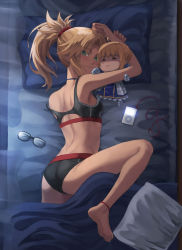 1girl anklet artoria_pendragon_(fate) ass bare_shoulders barefoot blonde_hair braid breasts character_doll fate/apocrypha fate/stay_night fate_(series) green_eyes hair_ornament hair_scrunchie highres jewelry legs long_hair looking_at_viewer mordred_(fate) mordred_(fate/apocrypha) parted_bangs ponytail red_scrunchie revision saber_(fate) scrunchie sidelocks small_breasts smile soles solo stuffed_toy thighs tonee
