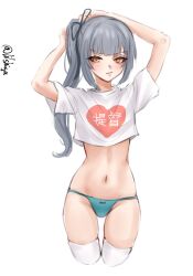 1girl aqua_panties brown_eyes clothes_writing crop_top grey_hair heart heart_print highres kantai_collection kasumi_(kancolle) lilshigu long_hair looking_at_viewer one-hour_drawing_challenge panties ribbon shirt shitty_t-shirt_naval_base side_ponytail simple_background solo standing t-shirt thigh_gap thighhighs twitter_username underwear white_background white_shirt white_thighhighs