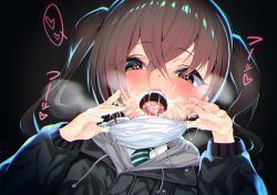 1girl aftersex bad_id bad_pixiv_id black_background blush breath brown_hair crossed_bangs cum cum_in_mouth cum_on_mask eyes_visible_through_hair female_focus heart heart-shaped_pupils hood hood_down hooded_jacket idolmaster idolmaster_cinderella_girls jacket lips long_hair long_sleeves mask mask_pull mouth_mask necktie open_mouth s satou_pikuta sharp_teeth simple_background solo striped_necktie striped_neckwear sunazuka_akira surgical_mask symbol-shaped_pupils teeth tongue