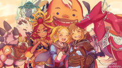3girls 4boys beak blonde_hair bracelet champion&#039;s_tunic_(zelda) circlet colored_skin commentary_request crown dark-skinned_female dark_skin fingerless_gloves gerudo gloves goron highres jewelry link mask mask_on_head mineru_(zelda) multiple_boys multiple_girls neck_ring nintendo pointy_ears princess_zelda red_hair red_skin revision riju rito saharaoekaki sharp_teeth sidon spirit teeth the_legend_of_zelda the_legend_of_zelda:_tears_of_the_kingdom tulin_(zelda) white_hair yunobo zonai zora
