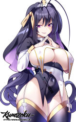 1girl antenna_hair black_hair black_thighhighs breast_curtains breasts commentary covered_navel english_commentary high_school_dxd highres himejima_akeno hot_vr large_breasts long_hair looking_at_viewer nun purple_eyes simple_background solo subscribestar_username thighhighs thighs watermark web_address white_background